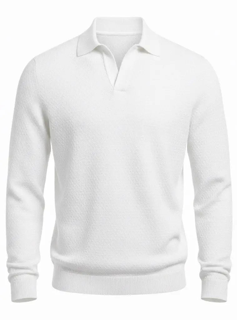 White BCI Cotton long sleeve V-Neck Polo with white background