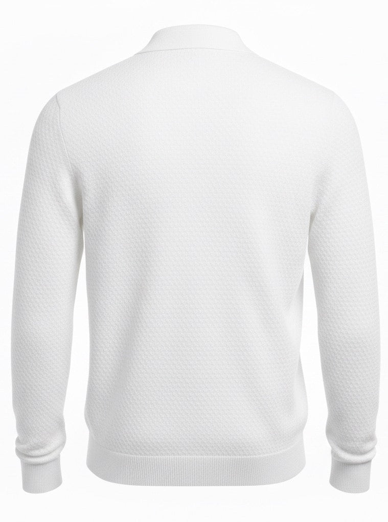 Jacquard Cotton V-Neck Polo Pullover - White