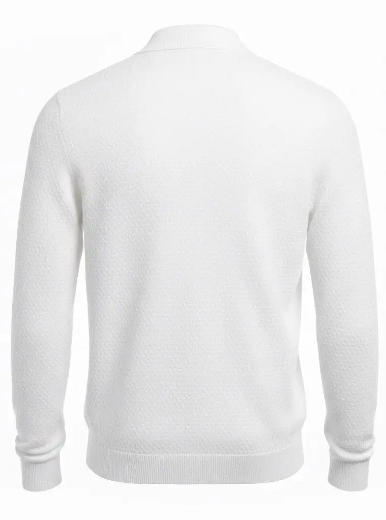 White BCI Cotton long sleeve V-Neck Polo with white background