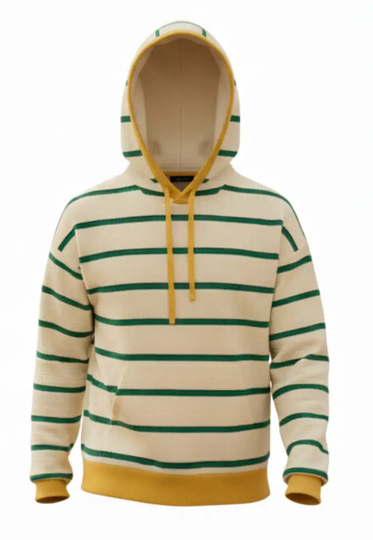 Beige, yellow and green striped hoodie with yellow trim on a white background