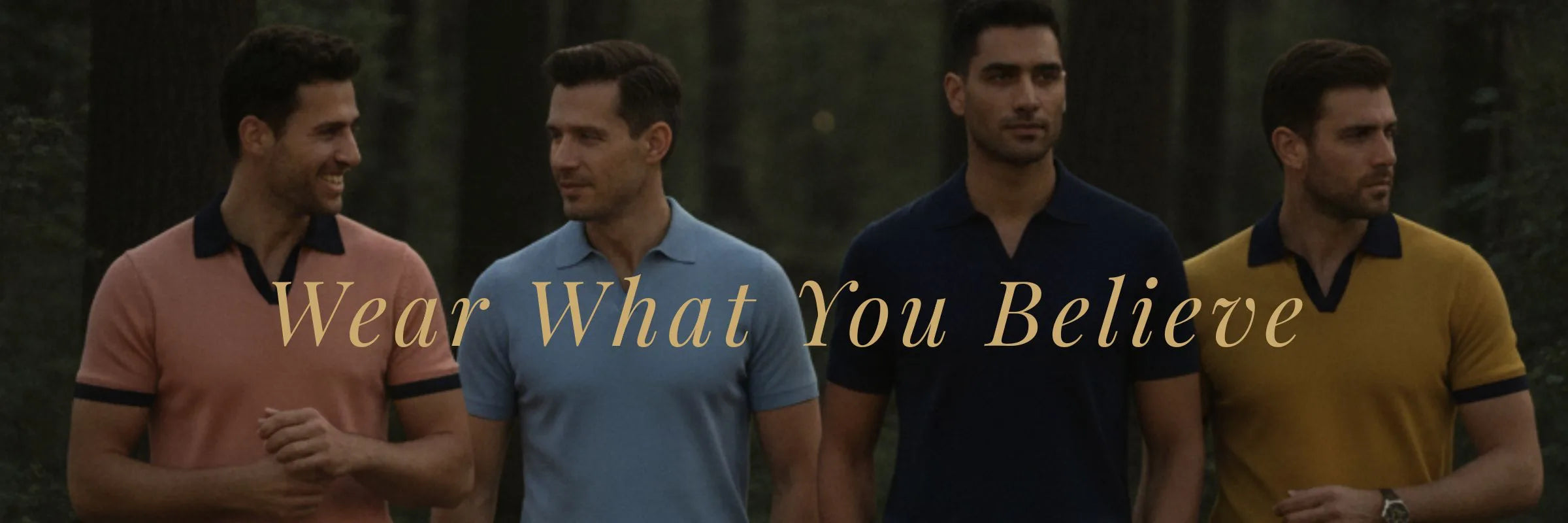 Four men walking through a forest wearing colorful polo shirts — Hubert's Haberdashery