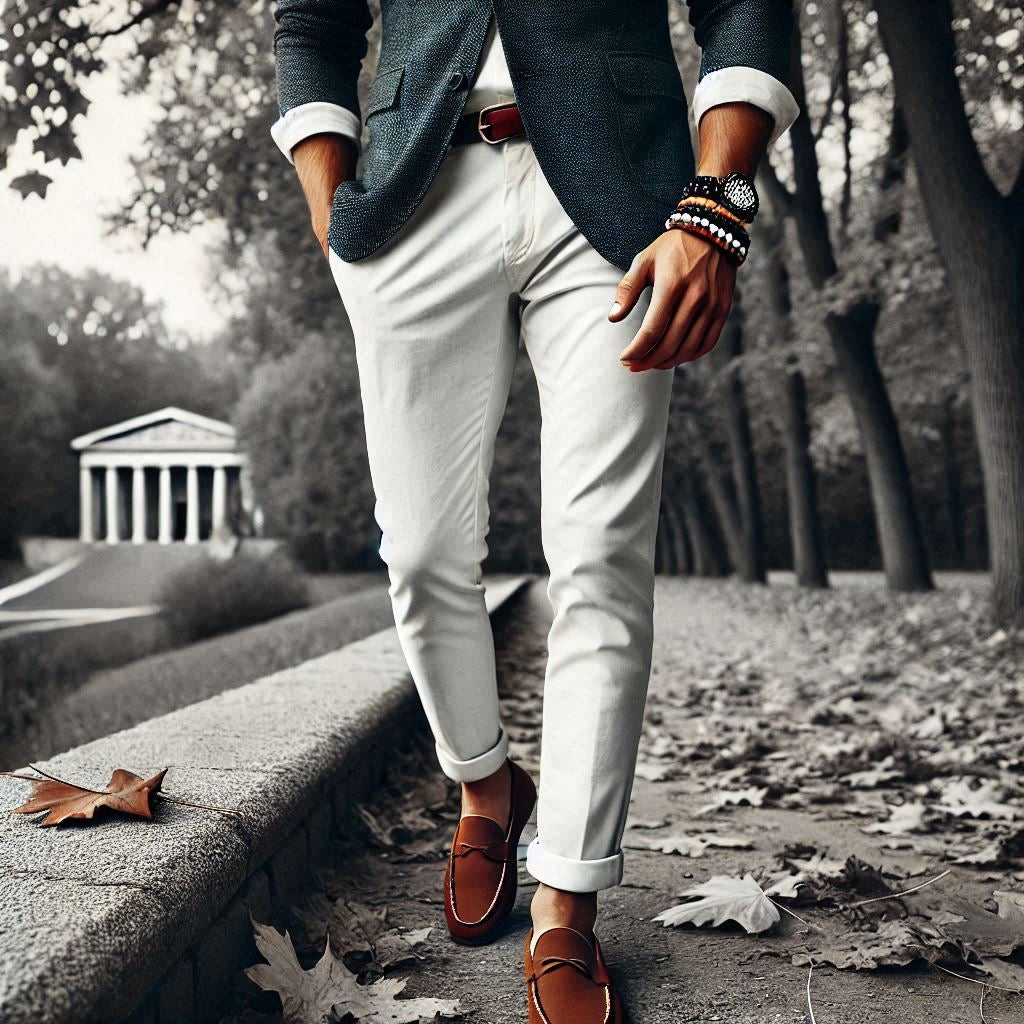 Man walking in a Greece park in Autumn wearing  white Chino Pants, blue blazer, and brown loafers