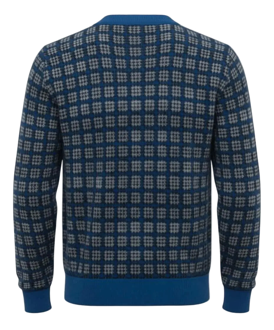 Jacquard Cotton Long Sleeve V-Neck Polo - Blue & Black Houndstooth