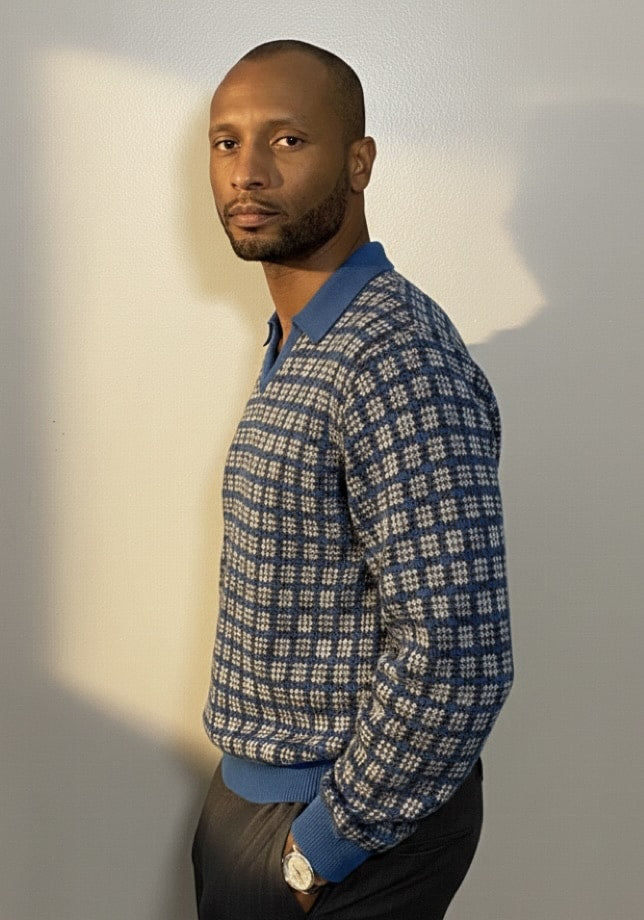 Jacquard Cotton Long Sleeve V-Neck Polo - Blue & Black Houndstooth
