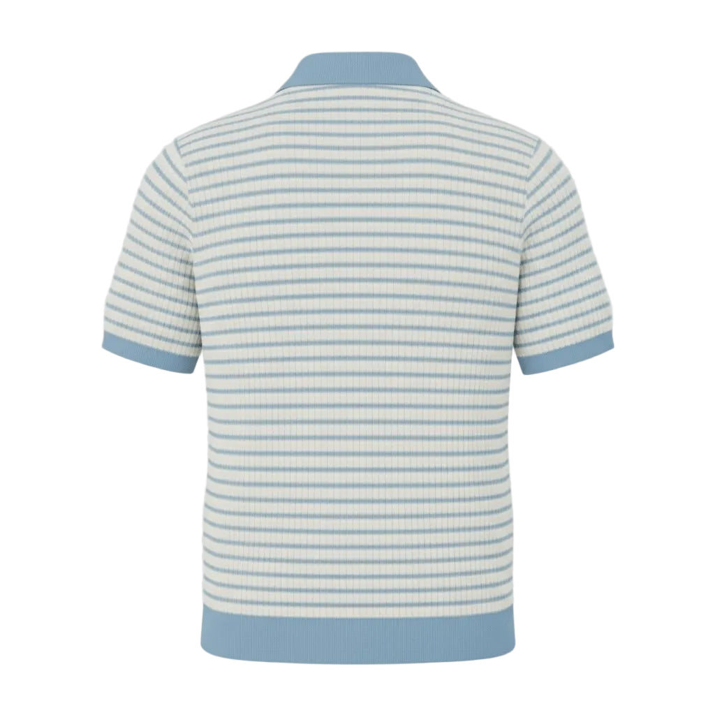 Light blue and white striped pure BCI Cotton polo shirt back view on a light gray background
