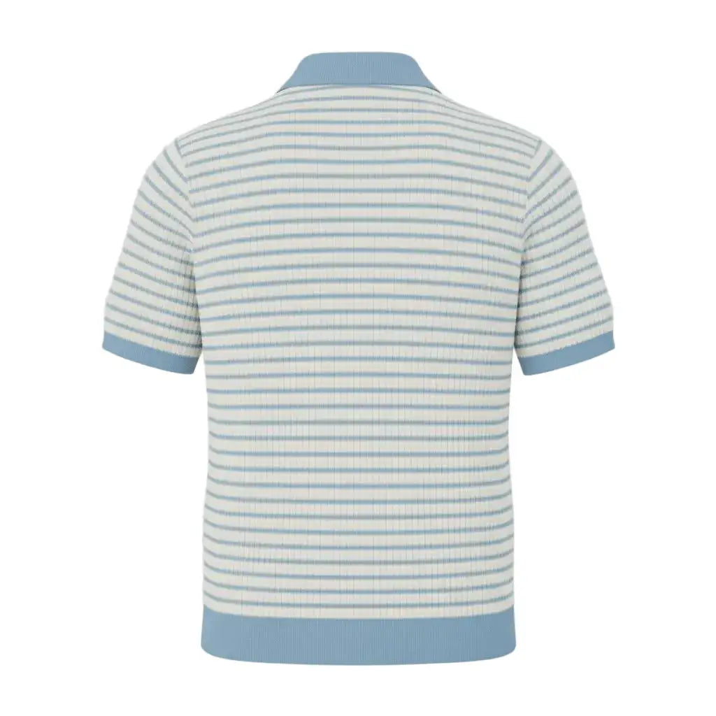 Light blue and white striped pure BCI Cotton polo shirt back view on a light gray background