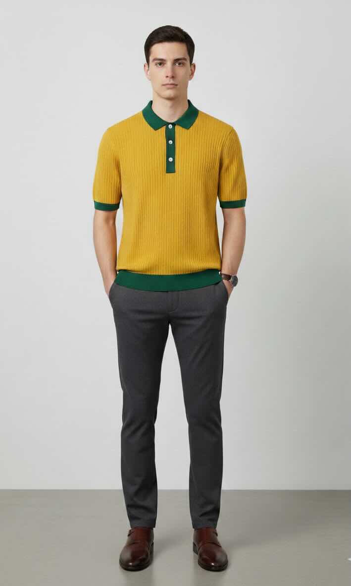 Man wearing a  Yellow and Green pure BCI Cotton polo shirt with green accents and gray pants against a white background