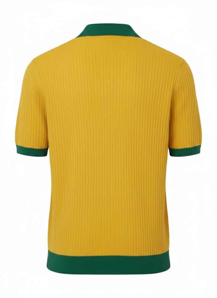 Yellow and Green pure BCI Cotton polo shirt with green collar and trim on a white background