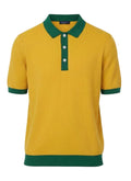 Yellow and Green pure BCI Cotton polo shirt with green collar and trim on a white background