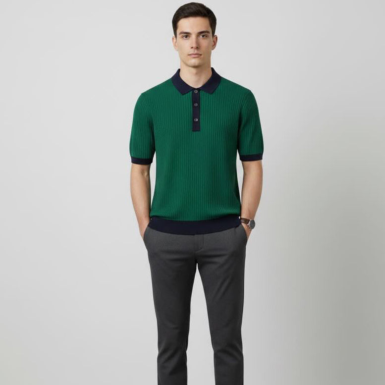 Jacquard Cotton Short Sleeve Polo - Green & Navy Trim