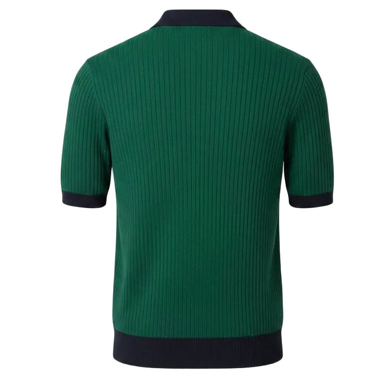 Jacquard Cotton Short Sleeve Polo - Green & Navy Trim