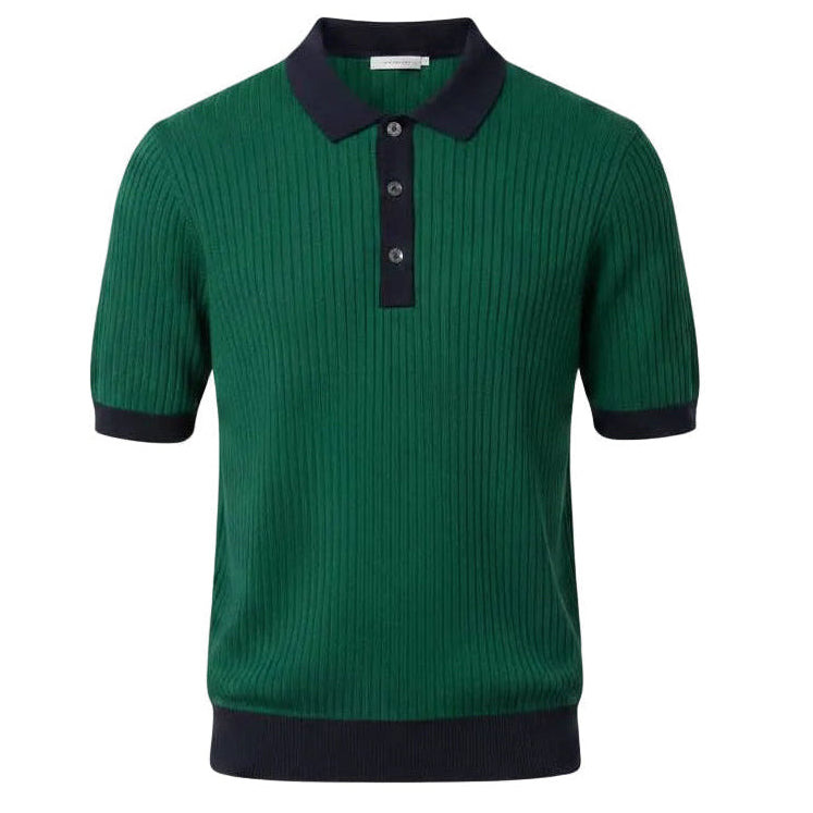 Jacquard Cotton Short Sleeve Polo - Green & Navy Trim