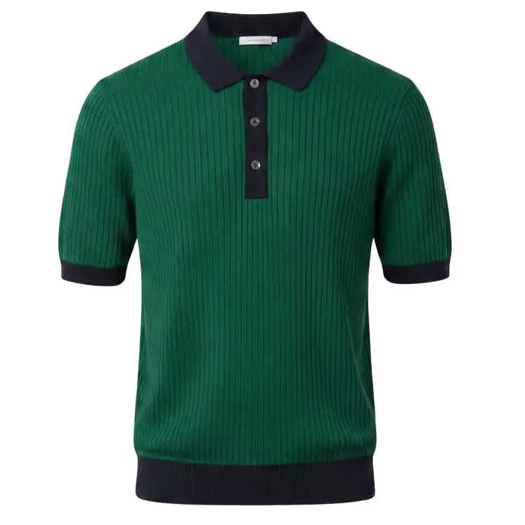 Green pure BCI Cotton polo shirt with navy collar and cuffs on a white background