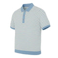 Light blue and white striped pure BCI Cotton polo shirt on a light gray background