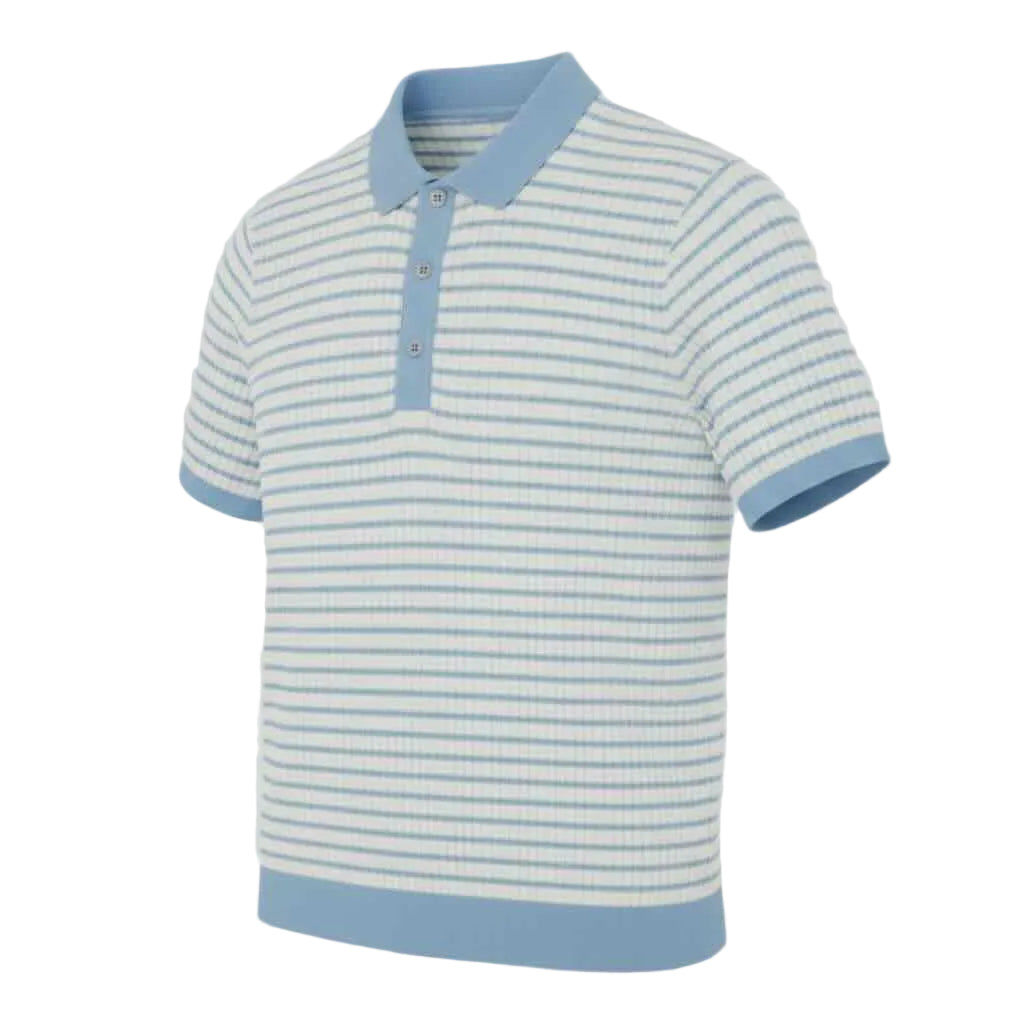 Light blue and white striped pure BCI Cotton polo shirt on a light gray background