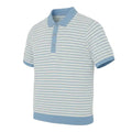Light blue and white striped pure BCI Cotton polo shirt on a light gray background
