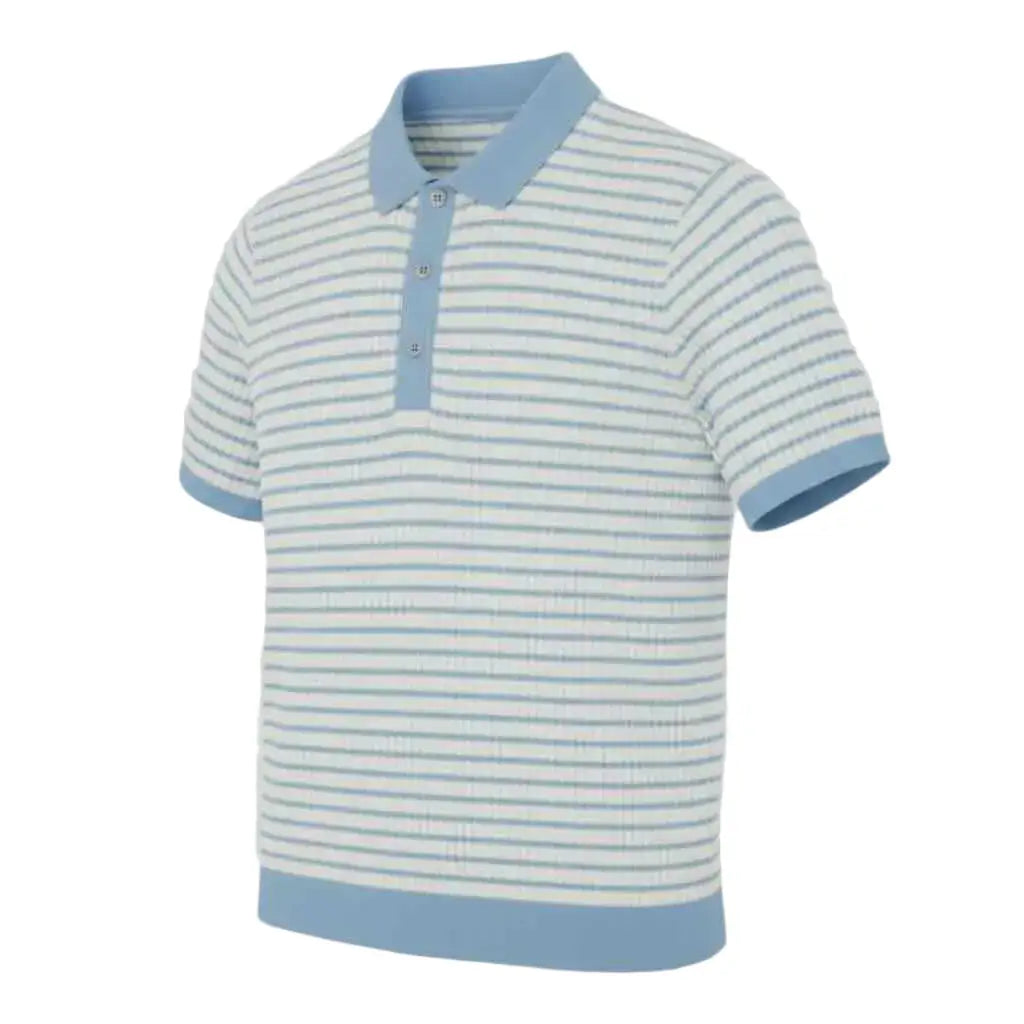 Light blue and white striped pure BCI Cotton polo shirt on a light gray background