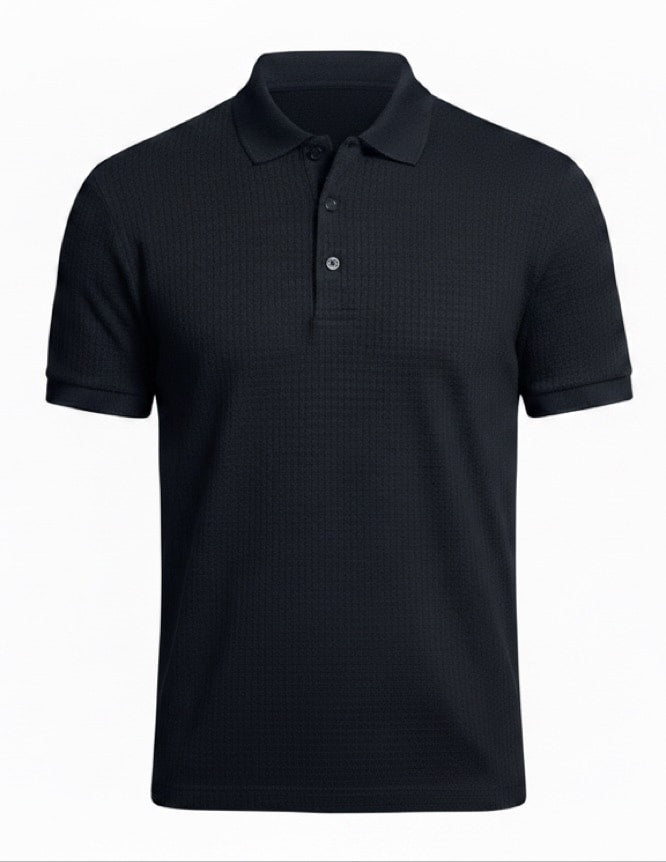 Black pure BCI Cotton polo shirt on a white background