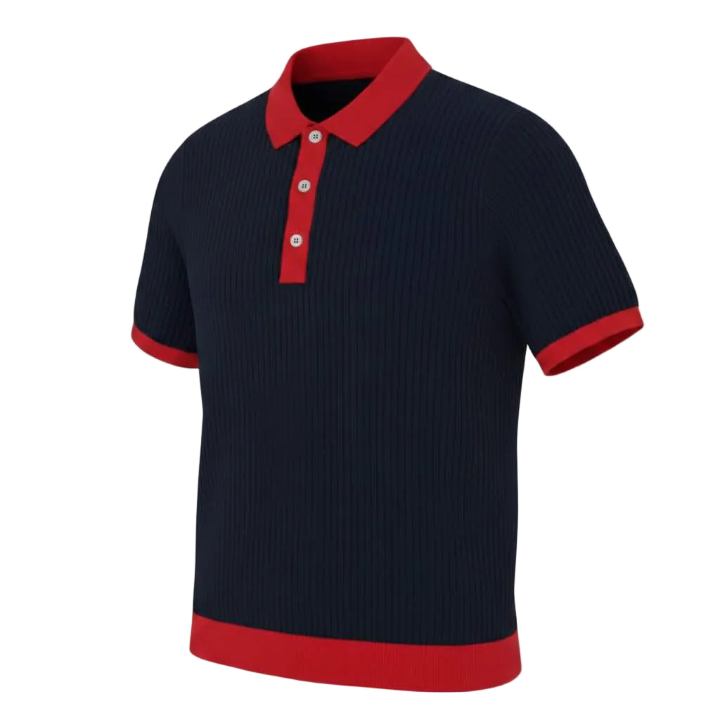 Navy blue pure BCI Cotton polo shirt with navy collar and cuffs polo shirt with red accents on a gray background