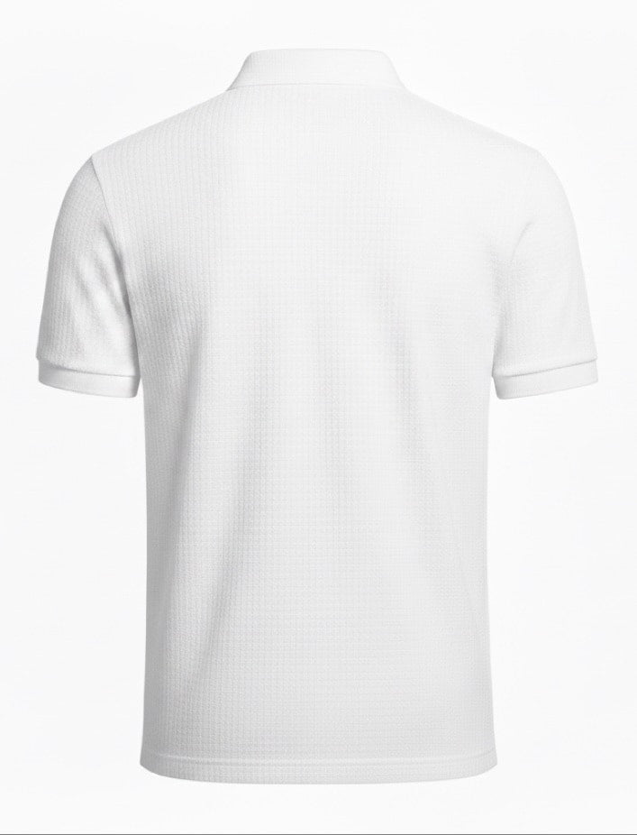 White pure BCI Cotton polo shirt back view on a white background