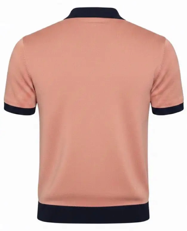 Salmon v-neck polo shirt with black trim on a white background