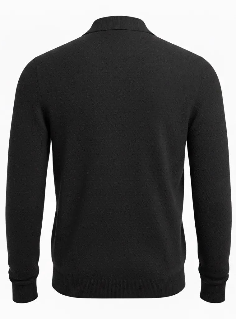 Black long sleeve v-neck Jacquard knit polo on a white background