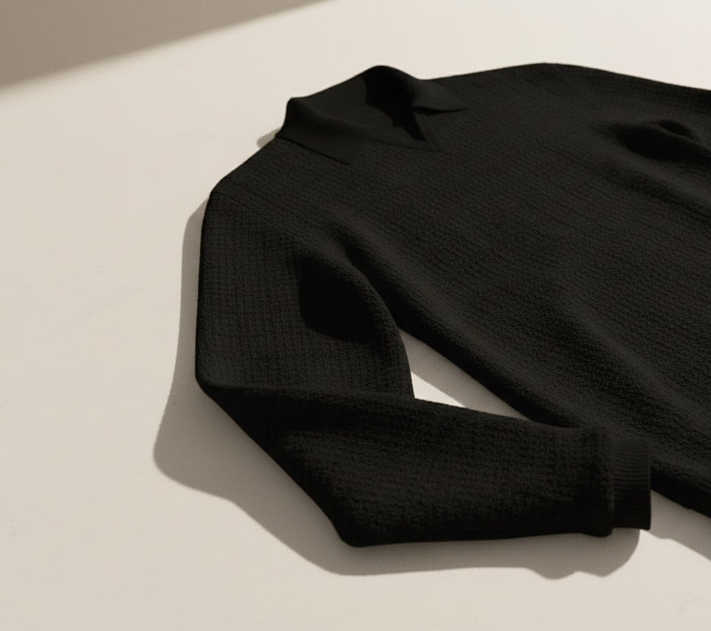 Jacquard Cotton V-Neck Polo Pullover - Black