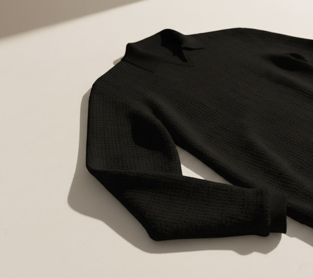Jacquard Cotton V-Neck Polo Pullover - Black