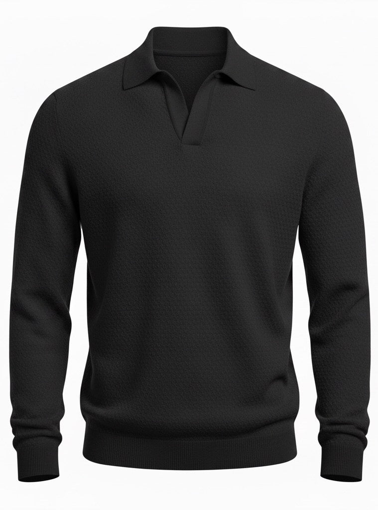 Jacquard Cotton V-Neck Polo Pullover - Black