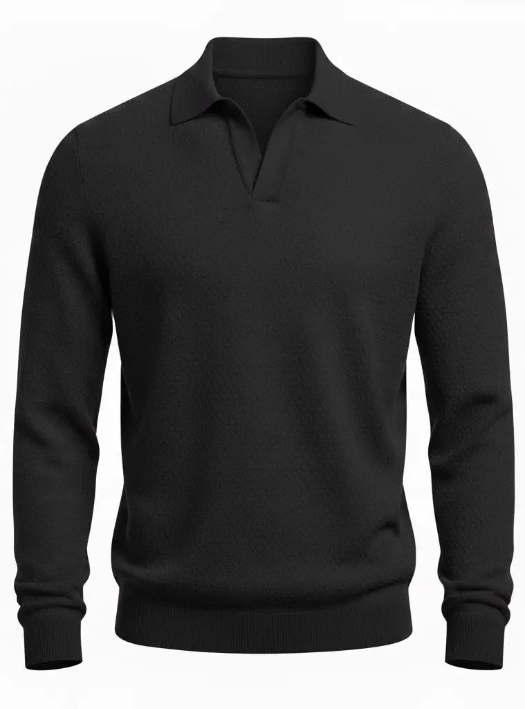 Black long sleeve v-neck polo with collar on a white background