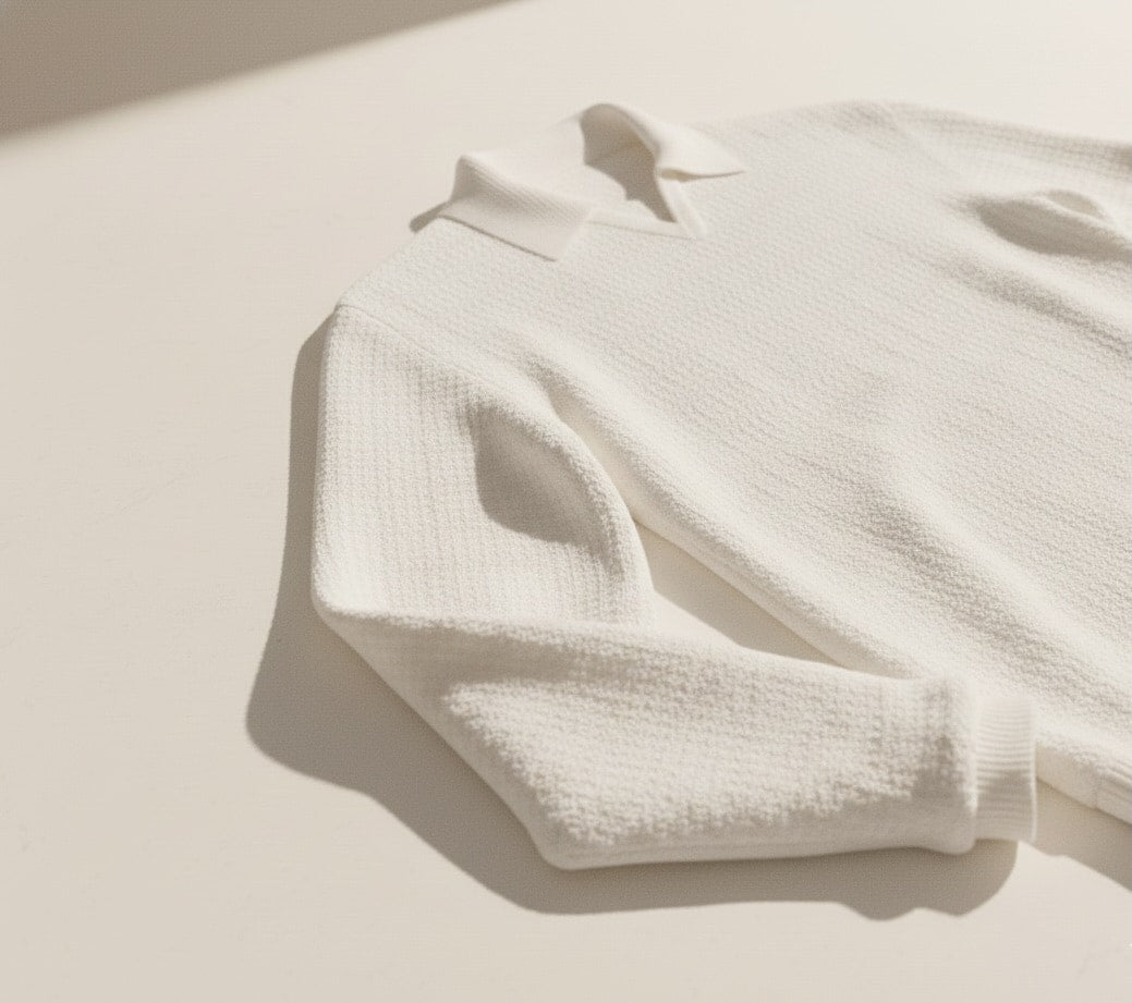 Jacquard Cotton V-Neck Polo Pullover - White