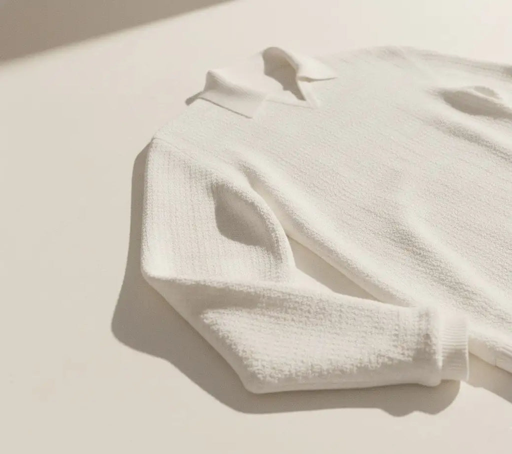 White BCI Cotton long sleeve V-Neck Polo with white background
