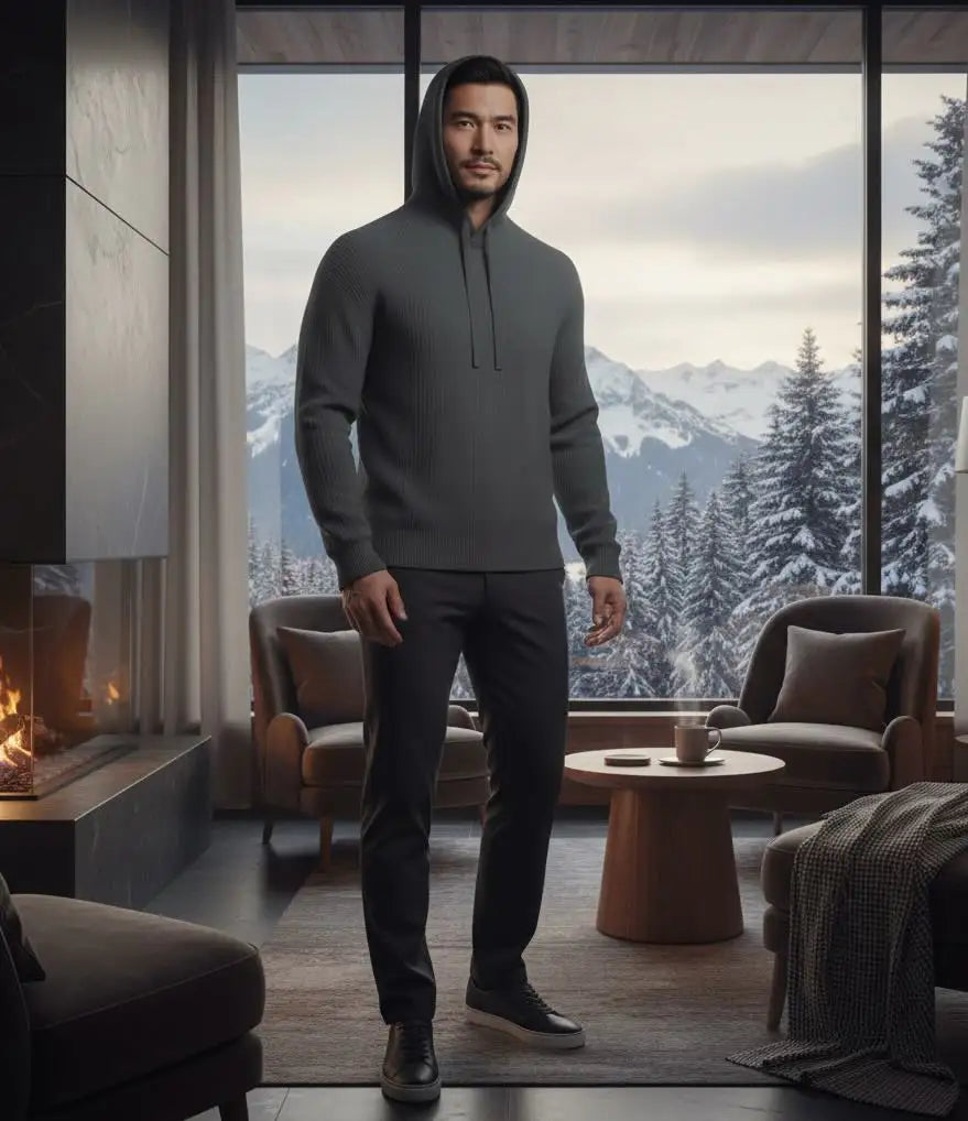 Man in a gray Cashmere hoodie standing in a modern living room with a mountain view.