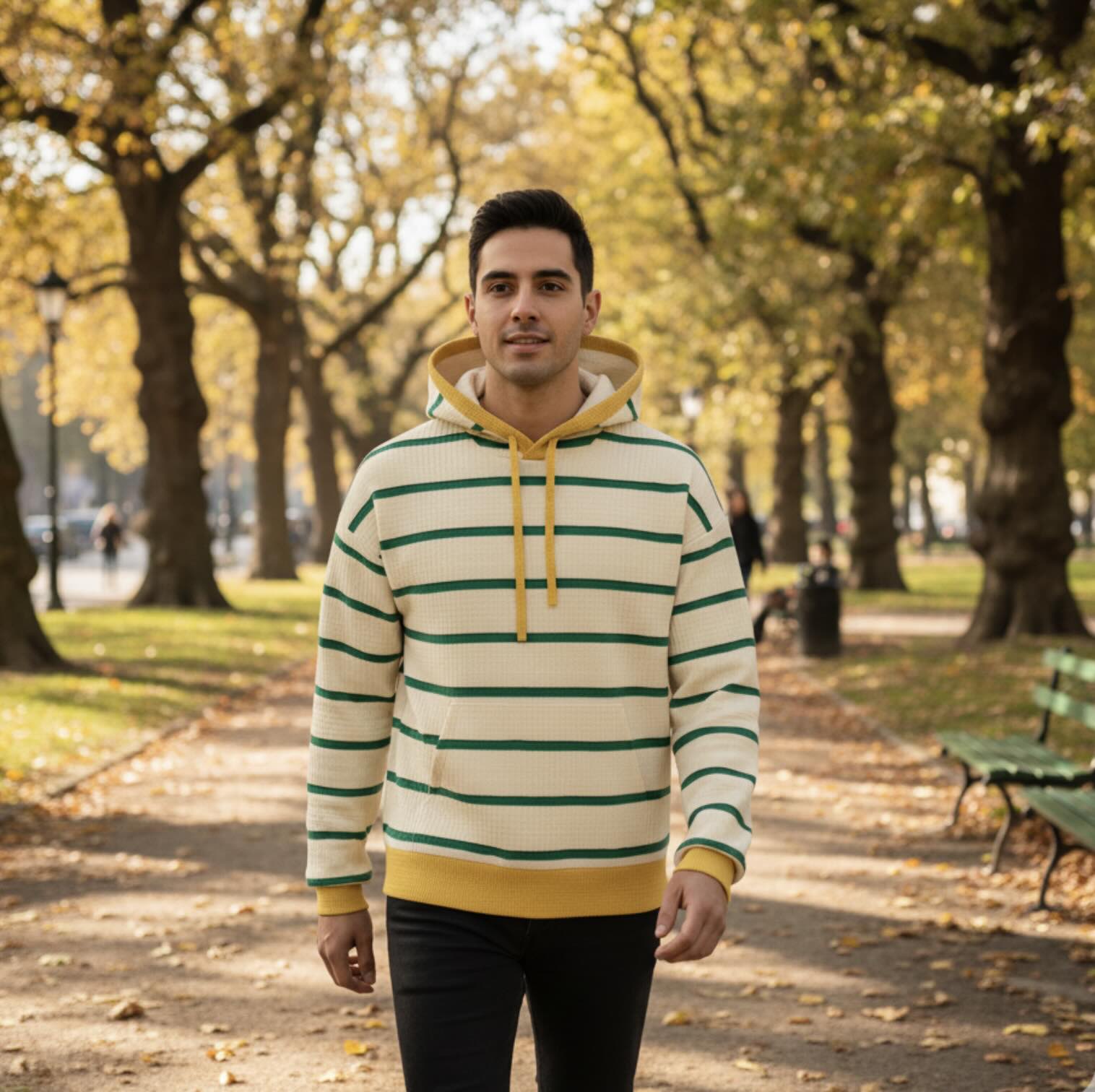 Jacquard Cotton Striped Hoodie — Yellow & Green Stripe