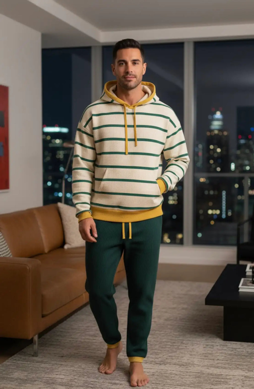 Man wearing a Beige, yellow and green striped hoodie and green pants in a living room with cityscape view