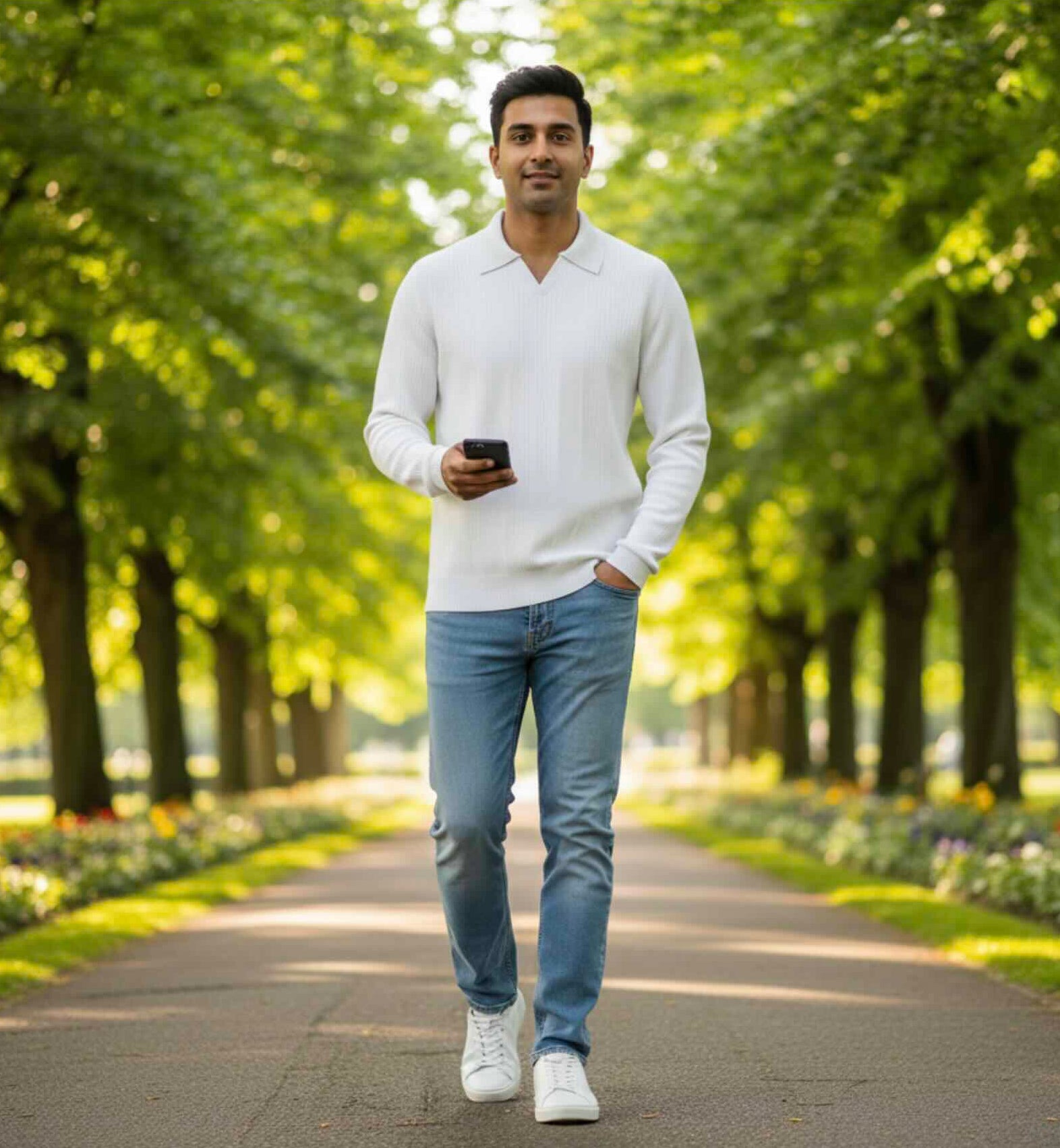 Jacquard Cotton V-Neck Polo Pullover — White