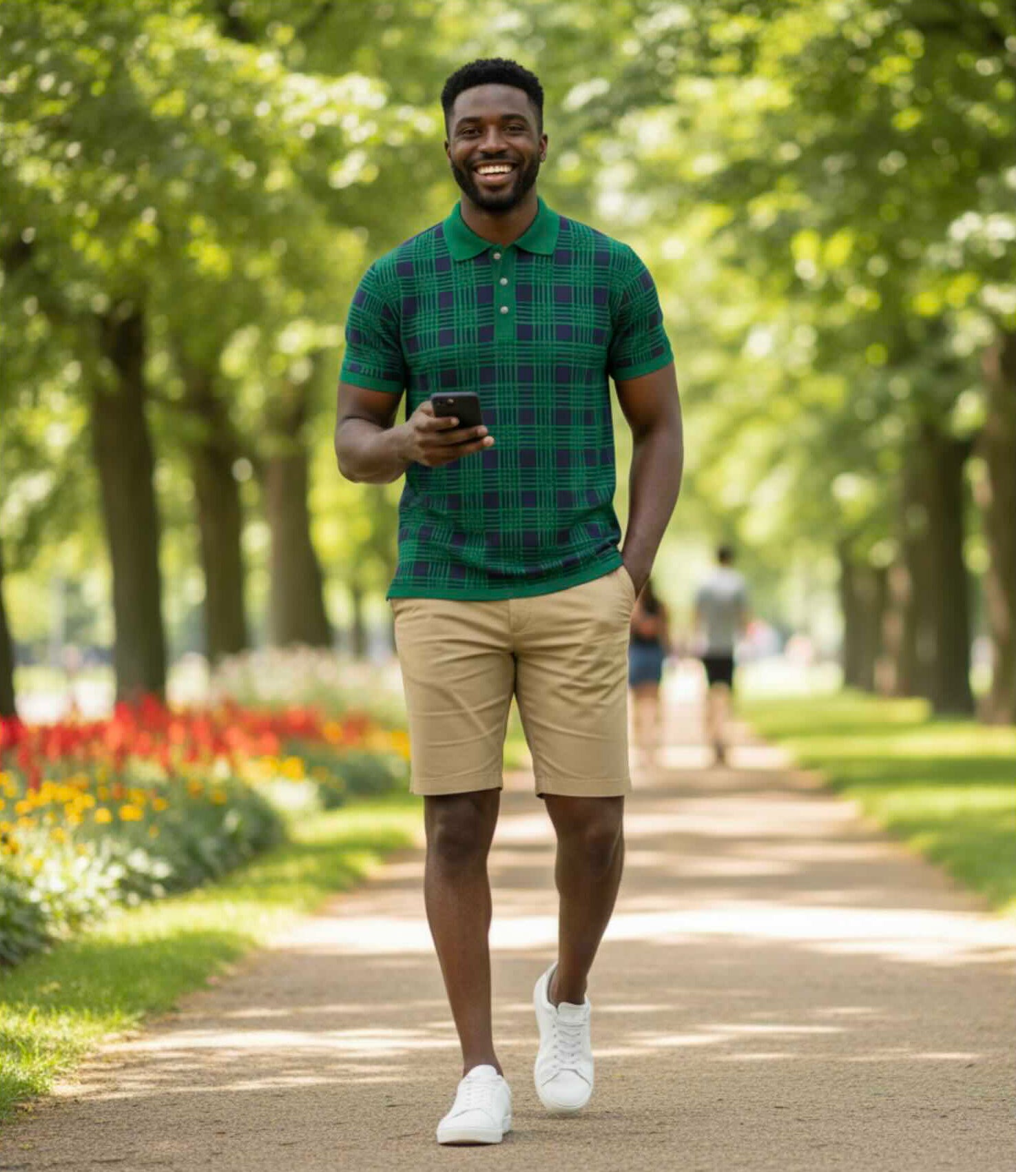 Jacquard Cotton Short Sleeve Polo — Green & Navy Plaid