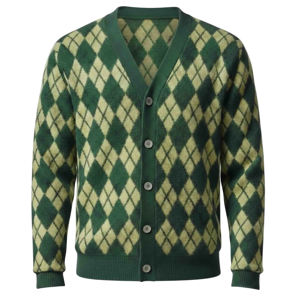 Green and yellow extrafine Merino Wool  argyle pattern cardigan on a white background