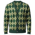 Green and yellow extrafine Merino Wool  argyle pattern cardigan on a white background