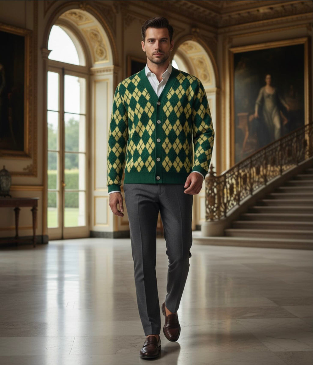 Man wearing a green and yellow extrafine Merino Wool  argyle sweater in an elegant interior setting