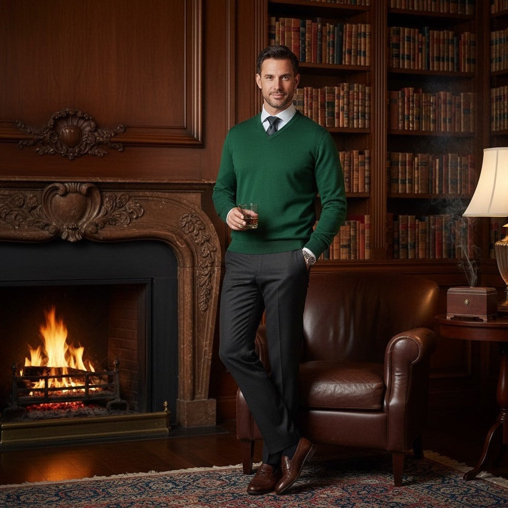 Man in a green extrafine Merino Wool pullover standing in a room with a fireplace and bookshelf.
