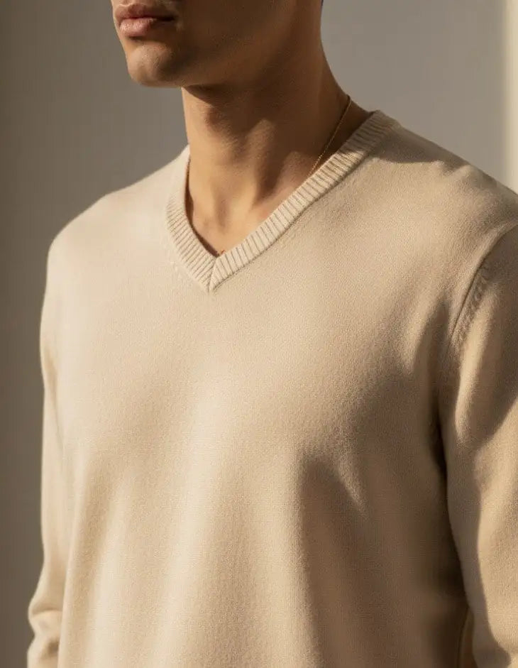 Beige extrafine Merino Wool sweater worn by a person with a neutral background