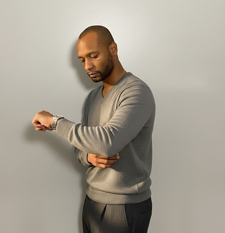 Man wearing a Gray RWS Merino Wool sweater on a white background against a plain background
