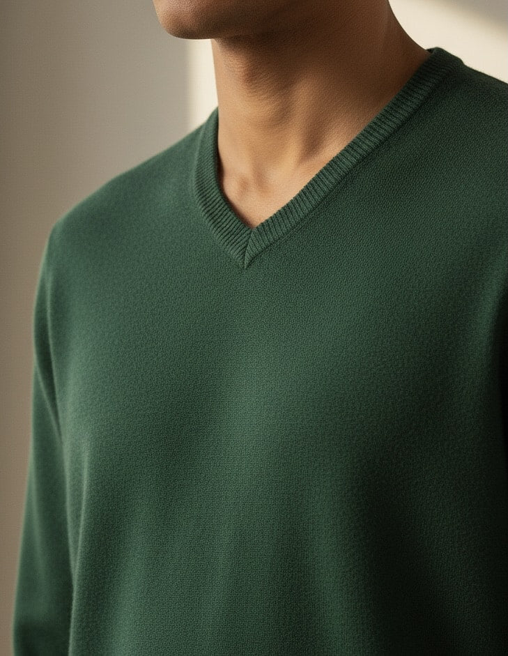 Green extrafine Merino Wool sweater worn by a person with a neutral background