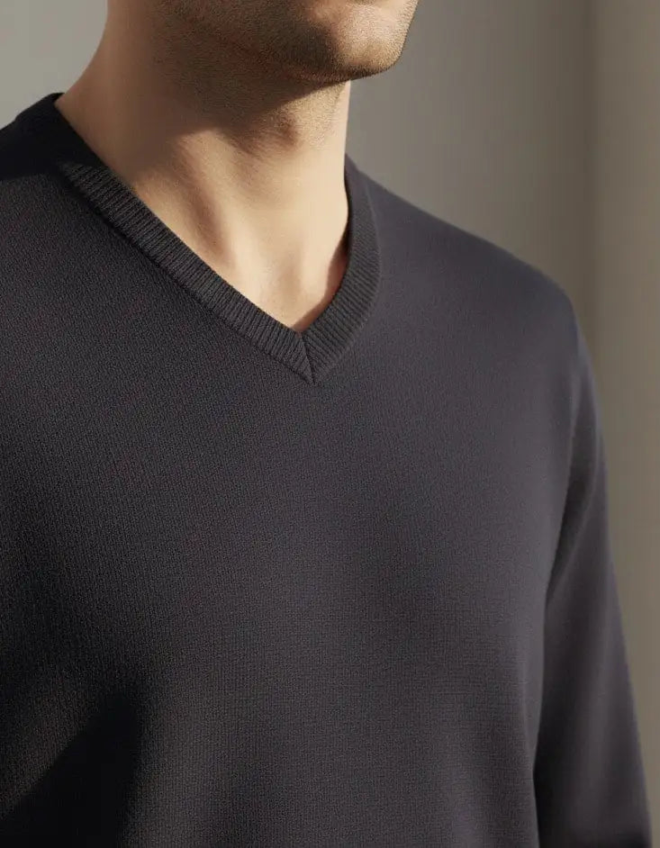 Navy blue RWS Merino Wool V-neck worn by a person on a neutral background