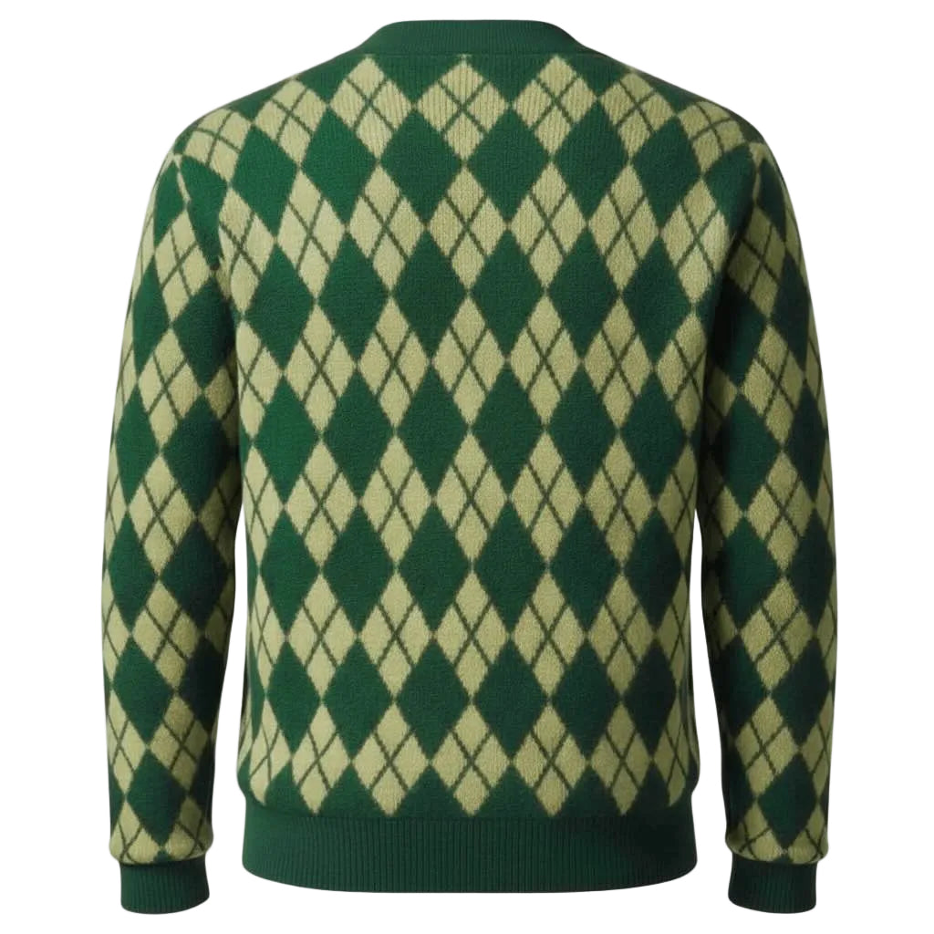 Green and yellow extrafine Merino Wool  argyle patterned sweater on a white background