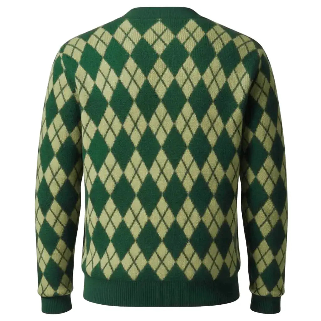 Green and yellow extrafine Merino Wool  argyle patterned sweater on a white background