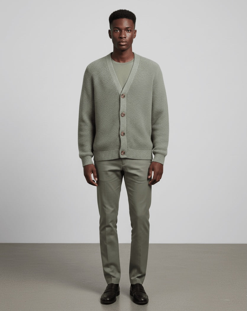 Sage Gray  RWS extra fine Merino Wool knitted cardigan man standing with gray trousers with white background 