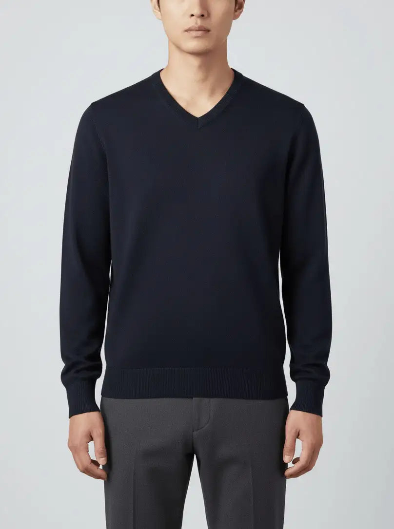 Man wearing a Navy blue RWS Merino Wool V-neck and gray pants on a light gray background