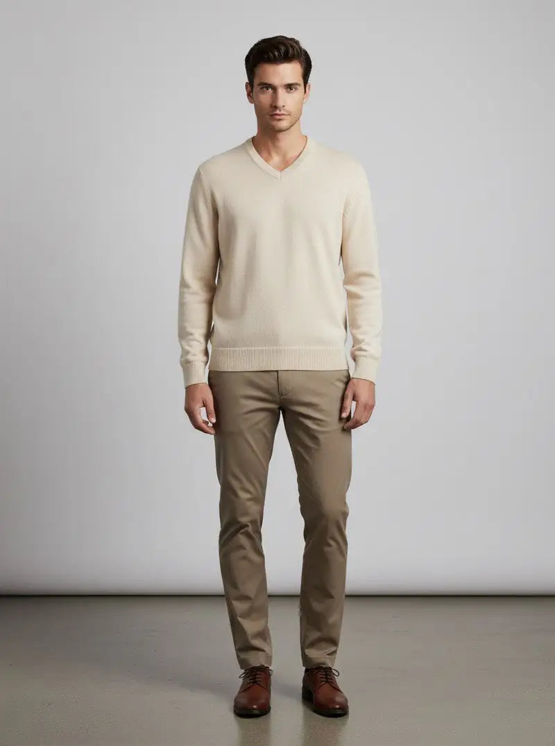 Man wearing a beige extrafine Merino Wool sweater and brown pants against a plain background
